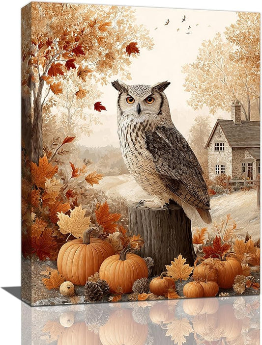 Fall Owl Wall Art Autumn Pumpkin Leaves Wall Decor Rustic Canvas Print Farmhouse Pictures Painting Print Framed Artwork Decorations Gifts for Living Room Bathroom Bedroom Office 12"x16"-PawvioPets