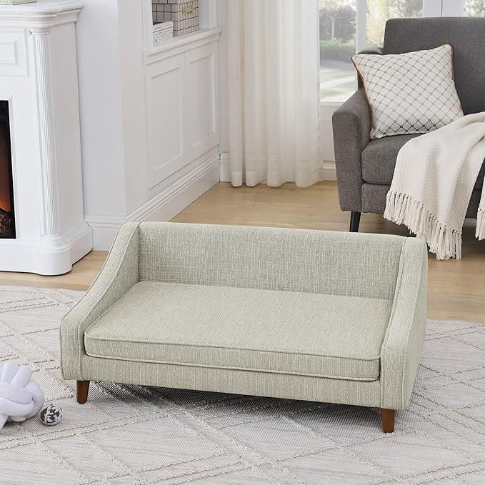 Dog Sofa Couch for Medium to Large Dogs, Durable Pet Sofa with Washable Fabric, Elevated Mini Dog Bed with Wooden Legs for Medium and Large Dogs, Beige-PawvioPets