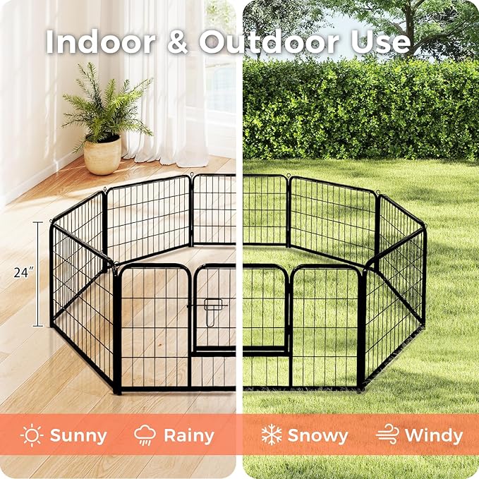 24 Inch 8 Panels Dog Playpen - Metal Pet Exercise Pen for Puppy, Indoor/Outdoor Dog Fence for Yard, Garden, Camping & RV Travel-PawvioPets