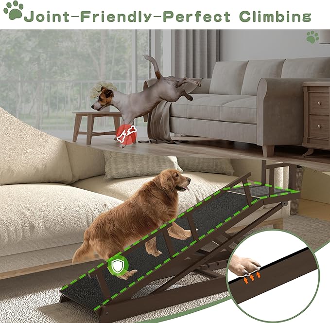 6 Level Height Adjustable Dog Ramp for Bed, Couch 65" Foldable Pet Ramp with Non-Slip Mat，DIY Glow Strips & Rest Platform Heavy Duty Dog Stairs for Large Dogs up to 200Lbs ，Brown-PawvioPets