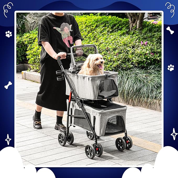 Detachable Pet Double Stroller with 4 Rolling Casters for 2 Pets – Lightweight Multifunctional Travel Stroller with Mesh Windows, Cup Holder, Sun Shades & Storage Pocket for Puppy and Kitty-PawvioPets