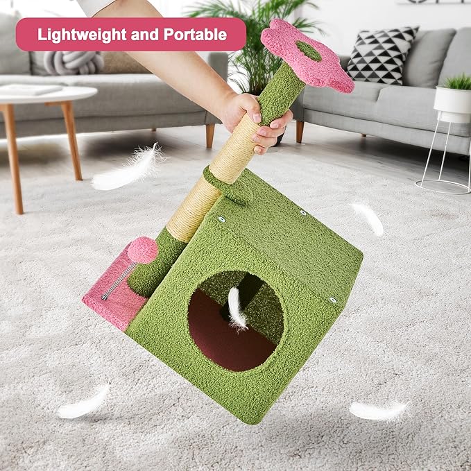 24 Inch Cat Tree Condo for Indoor Cats with Floral Sisal Scratching Post, Plush Hang Ball Play Furniture for Kittens Cats, Pink-PawvioPets