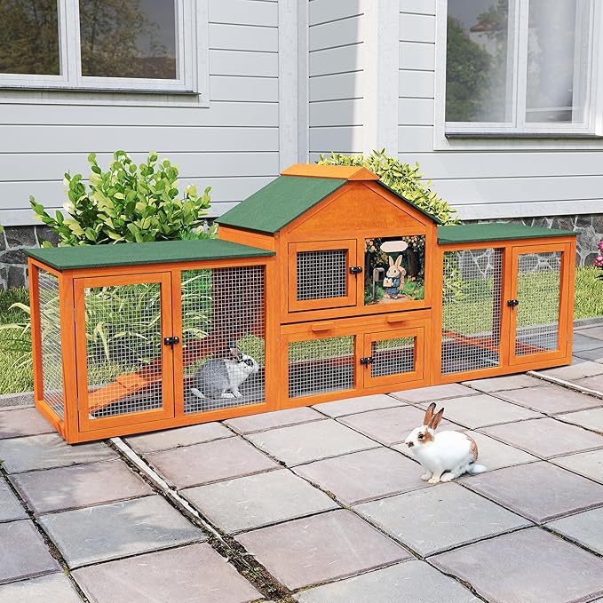 COZIWOW 82” Extra Large Fashion Wooden Outdoor Rabbit Hutch Bunny Cage Indoor Easy to Assemble and Durable with Cleaning Tray & Waterproof Roof for Small & Medium Bunny Rabbit Duck Chick (Orange)-PawvioPets