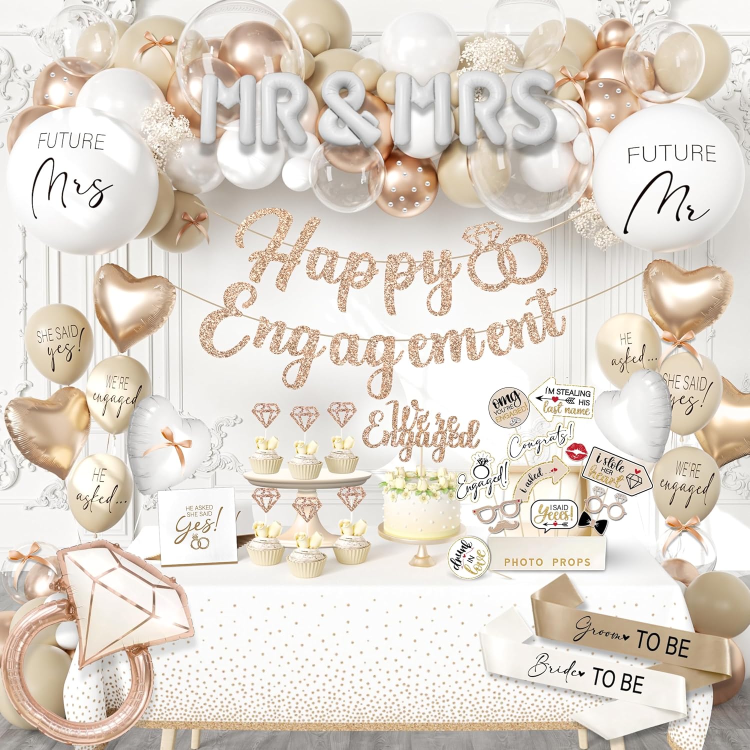 261 Pc Premium Engagement Party Decorations Kit – Elegant Mr. & Mrs. Wedding Balloons, Happy Engagement Banner, Diamond Ring White Gold Balloons, Cupcake Toppers – Classy Bride To Be Decor