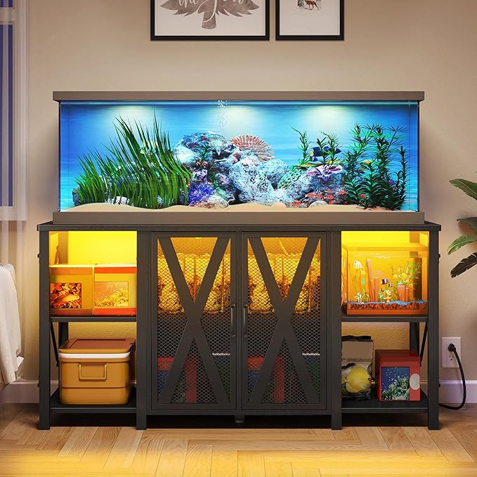 DWVO Reptile Tank Stand Aquarium Stand with Power Outlet & LED Light, 75/90/120 Gallon Terrarium Stand Cabinet - Heavy Duty Fish Tank Stand for Turtle Tank, Reptile Terrarium, 2000LBS Capacity, Black-PawvioPets