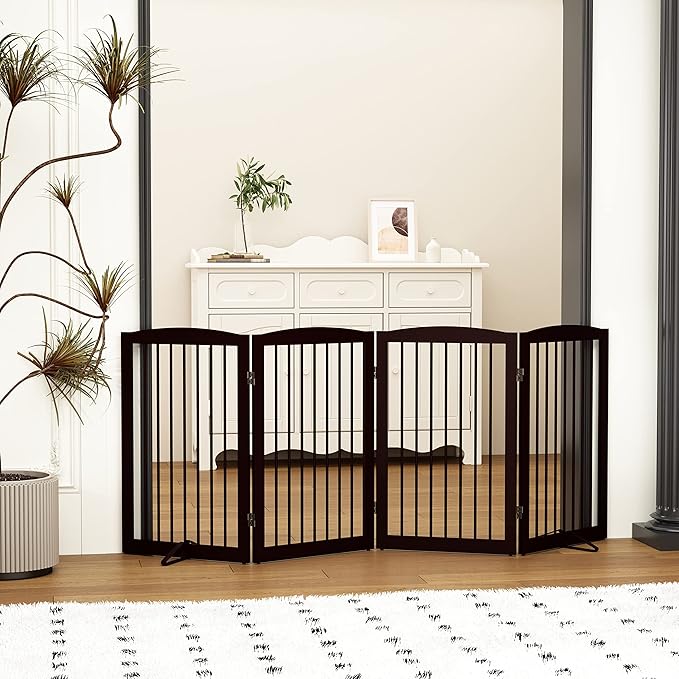 Freestanding Pet Gate for Dogs, Indoor Wooden Foldable Dog Gate for House, Doorway, Stair, 80 Inch Wide, 4 Panels 32",Brown-PawvioPets
