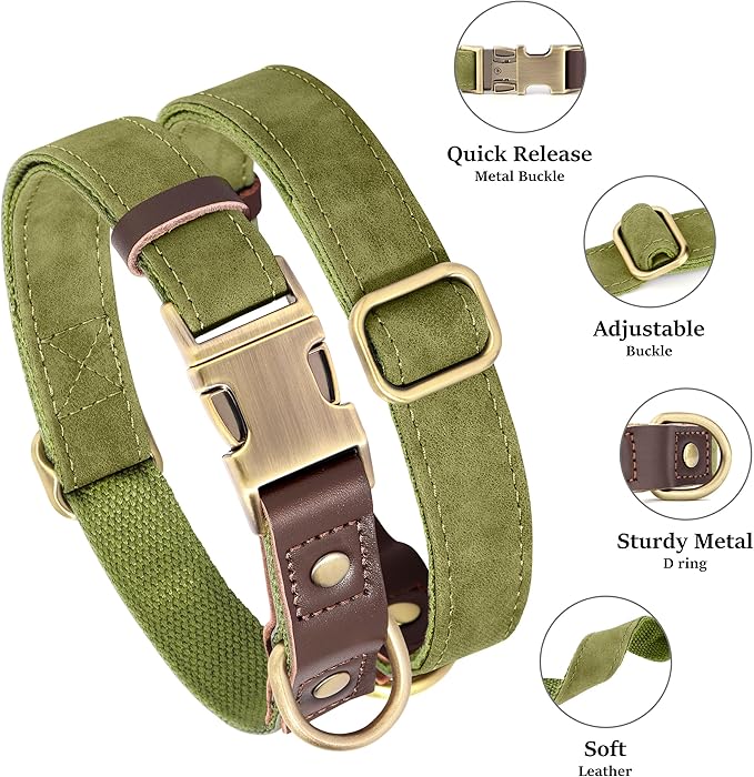 Didog Soft PU Leather Dog Collar for Large Dogs,Classic Adjustable Dog Collars with Quick Release Metal Buckle,Easy Clean and Comfortable with Nylon Lining,Olive Green,L Neck 15-23"-PawvioPets