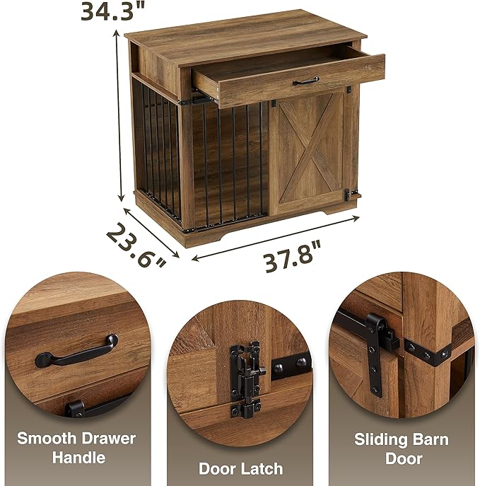 EDYO LIVING 38" Large Dog Crate Furniture with Sliding Barn Door, Wooden Dog Kennel with Drawer for Storage, Water Resistant Indoor Furniture Style Dog Crate for Small/Medium/Large Dog, Rustic Oak-PawvioPets