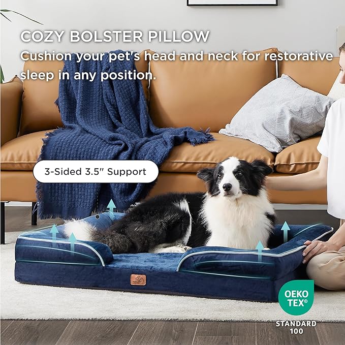 Bedsure Orthopedic Dog Bed for Extra Large Dogs - XL Washable Dog Sofa Beds Large, Supportive Foam Pet Couch Bed with Removable Washable Cover, Waterproof Lining and Nonskid Bottom, Navy Blue-PawvioPets
