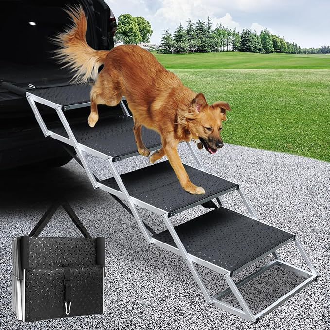 DGSL Dog Ramp for Car, 4-Step Folding Dog Stairs, Aluminum, Black, Supports Up to 250 Lbs-PawvioPets
