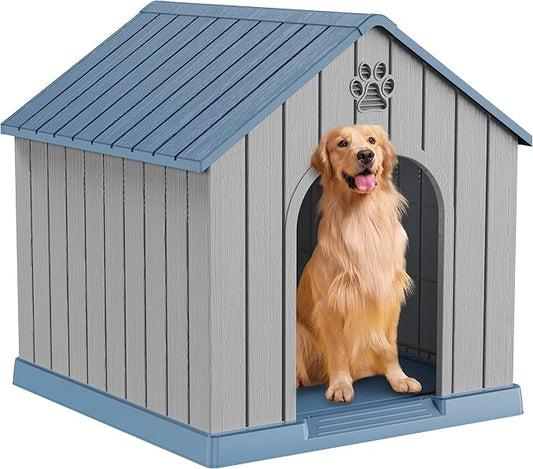 DRATO Indoor Outdoor Waterproof Dog House,PP Material,Puppy Shelter with Air Vents and Elevated Floor,Sturdy Dog Kennel for Small to Large Sized Dogs, Easy to Assemble (Blue, 38.62×36.26×38.07 Inches)-PawvioPets