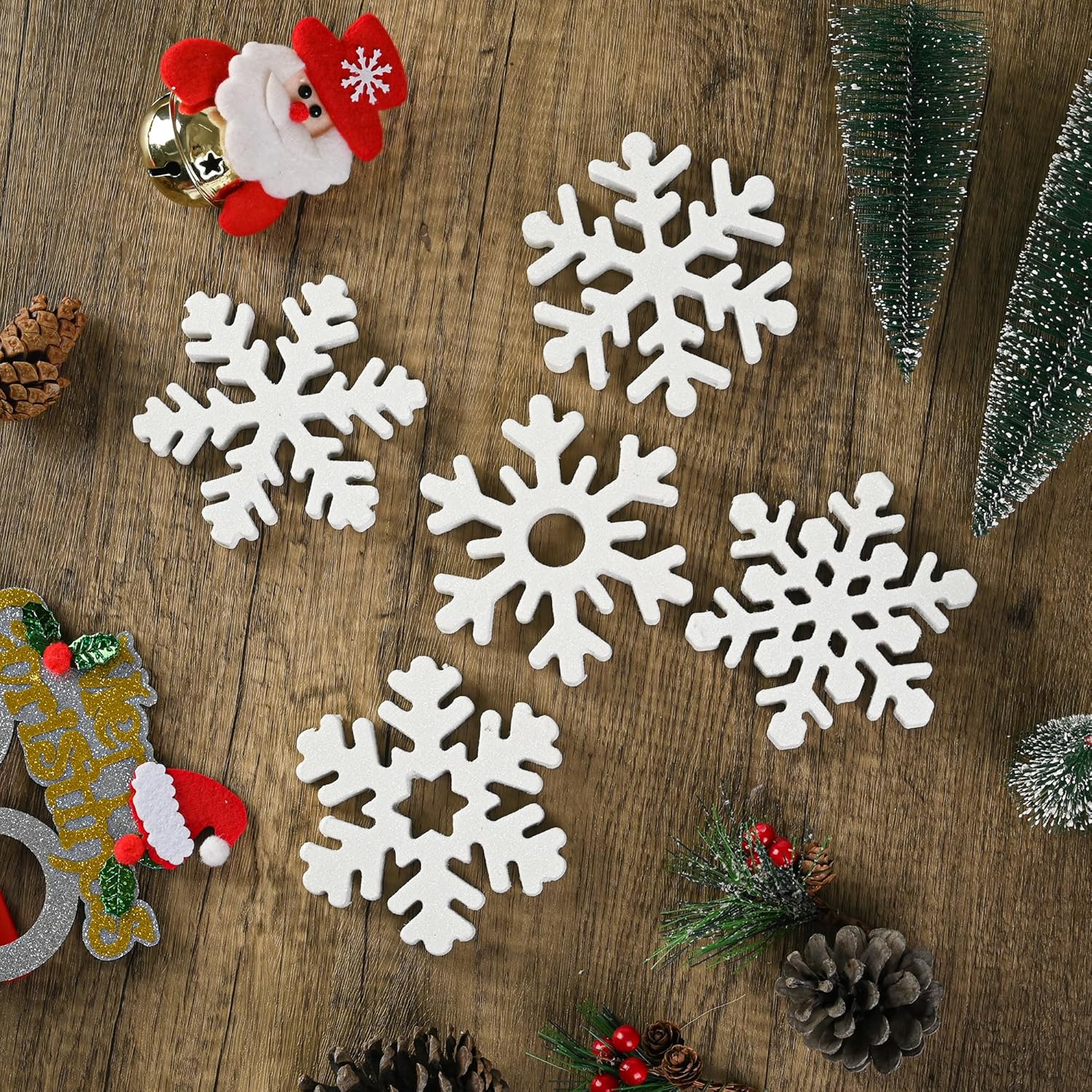 5 Pcs Wooden Christmas Snowflake Sign Winter White Glitter Snowflake Decorations Holiday Wonderland Snowflake Wood Stand Signs for Xmas Party Home Tabletop Tiered Tray Decor