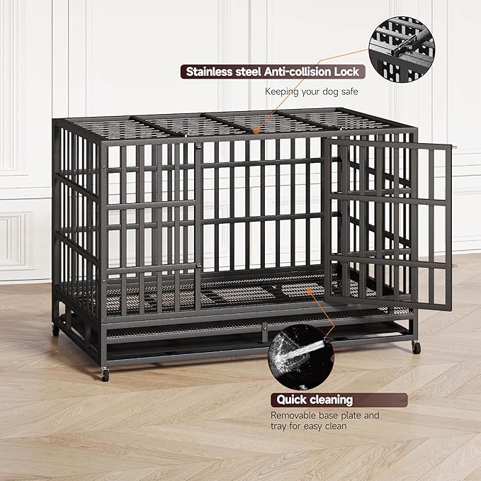 48 Inch Heavy Duty Indestructible Dog Crate Steel Escape Proof, High Anxiety Cage, Kennel with Wheels, Removable Tray, Extra Large XL XXL-PawvioPets