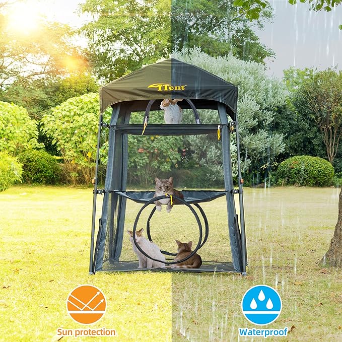 Extra Large Catio Outdoor Cat Enclosure,3 Tier Cat Tower Tent Weatherproof & Sunproof with 3 Doors, Foladable and Portable for Patio, Deck,Camping, Indoor & Outdoor(Patented)-Wave Shade-PawvioPets