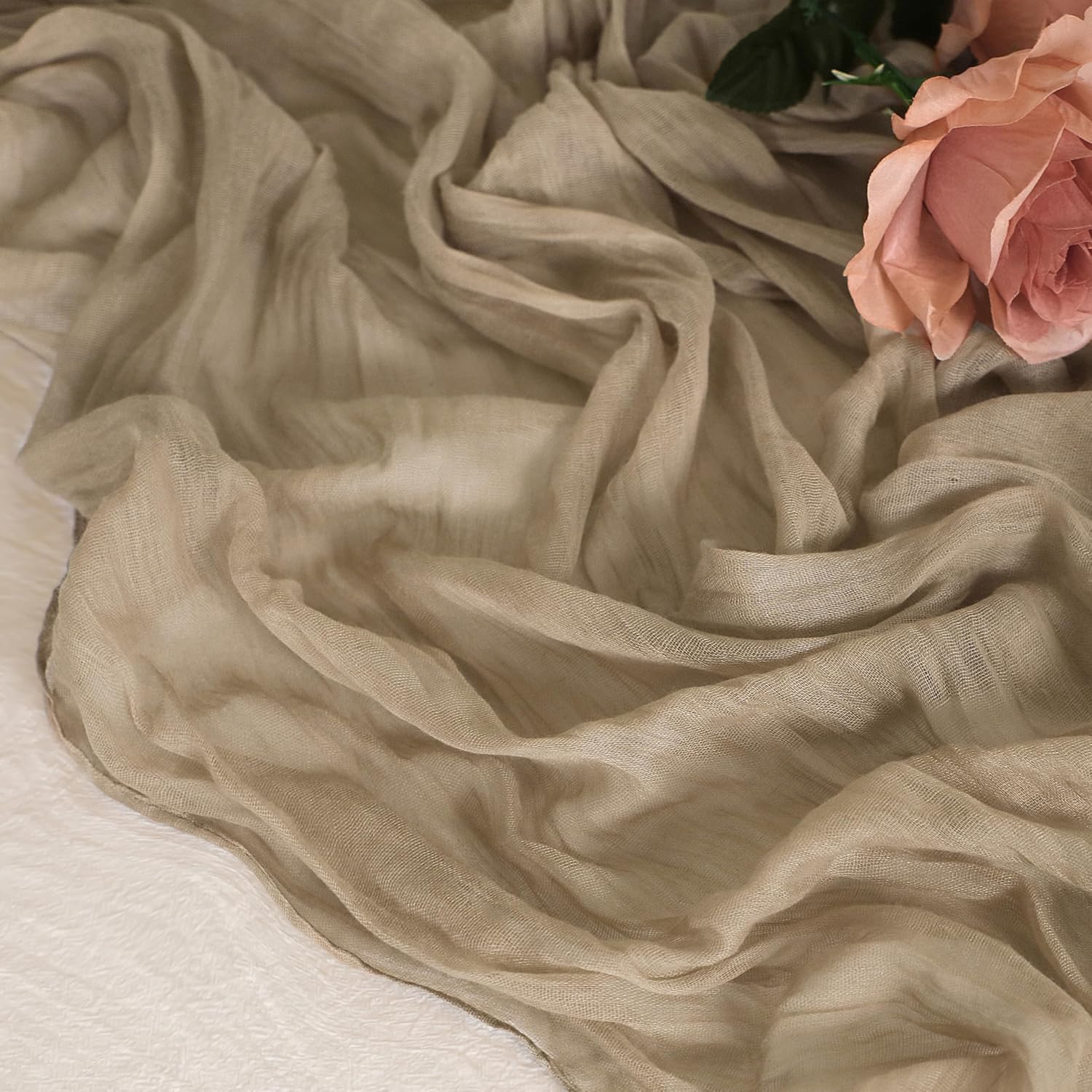 Snowkingdom 6PCS 10 FT Nude Brown Cheesecloth Table Runner, 120 inch Long Cheese Cloth Boho Rustic Gauze Sheer Runner for Wedding Party Baby Shower Birthday Christmas Holiday Table Decorations