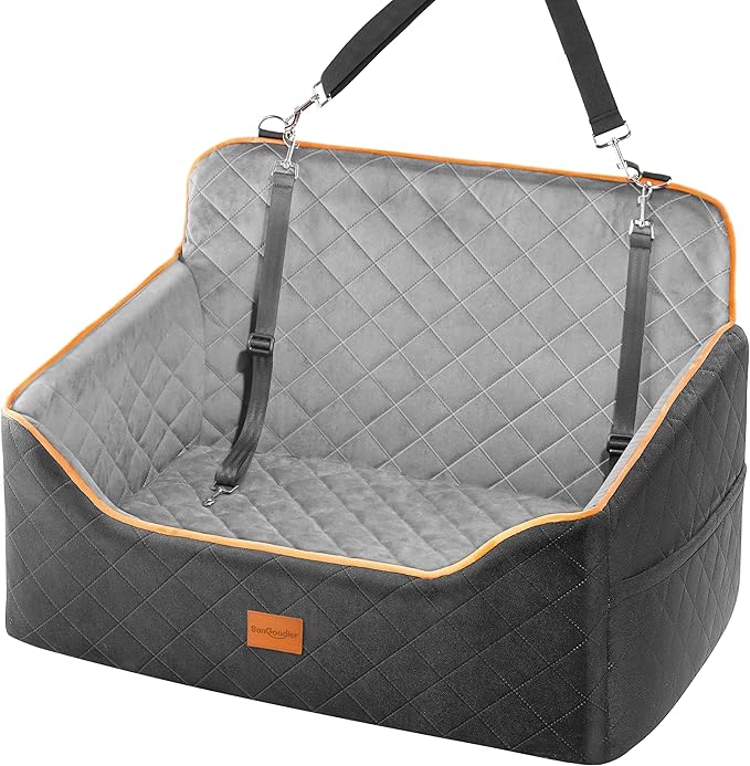 Dog Car Seat for Medium Dogs - Pet Car Seat with 2 Safety Straps & Waterproof Padding, Portable Pet Carrier for Cars, Trucks & SUVs, Comfortable Booster Bed for Pets Up to 55lbs (Black/Grey)-PawvioPets