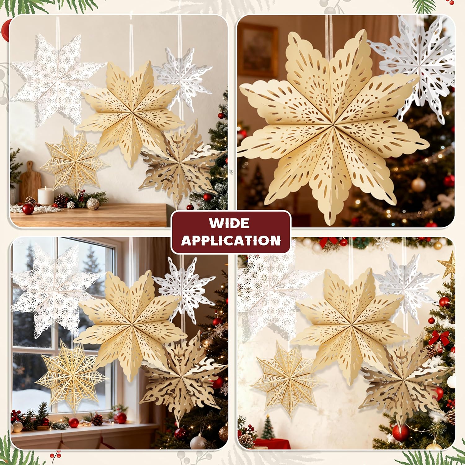 5Pcs Christmas Paper Snowflake Lanterns, Large Christmas Paper Star Lanterns with LED Lights White Beige Khaki Hanging Snowflake Lamps for Xmas Winter Frozen Wedding Birthday Holiday Party Decorations