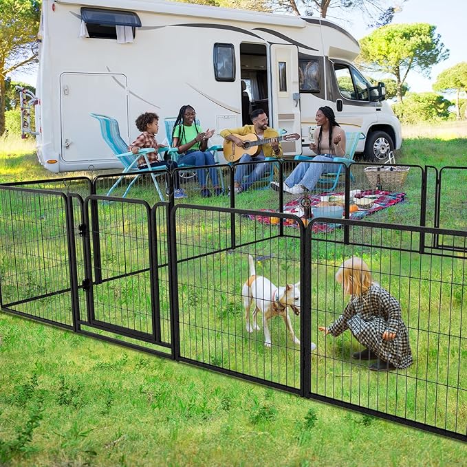 Dog Playpen Outdoor Extra Wide 12 Panels Heavy Duty Dog Fence 32" Height Anti-Rust with Doors Portable for RV Camping Yard, Total 32FT, 79 Sq.ft, Snowy Black-PawvioPets