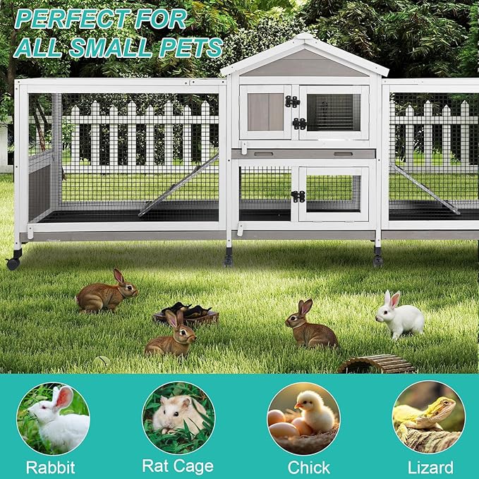 2-Tier Rabbit Hutch with Wheels, Indoor & Outdoor Small Animal Cage with Deep Pull-Out Tray, Anti-Chew Frame, Habitat for Bunny, Guinea Pig, Chinchilla (93" L x 19" W x 35" H)-PawvioPets