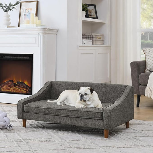 Dog Sofa Couch for Medium to Large Dogs, Durable Pet Sofa with Washable Fabric, Elevated Mini Dog Bed with Wooden Legs for Medium and Large Dogs, Dark Grey-PawvioPets