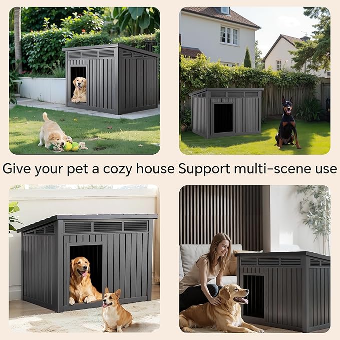 Dog House Indoor Outdoor,Resin Waterproof Puppy Shelter with Air Vents and Elevated Floor,Air Rod on Top to Open,Dog Kennel for Small to Medium Dogs(Black,32.2 * 25.12 * 24.13)-PawvioPets