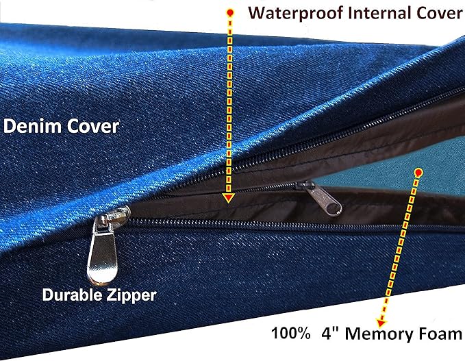 Dogbed4less Extra Large Orthopedic Memory Foam Dog Bed for Large Dogs with Durable Waterproof Internal Case, Removable Washable Denim Cover and Bonus Pet Bed Cover, 47X29X4 Fits 48X30 Dog Crate, Blue-PawvioPets