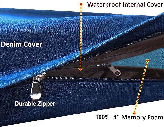 Dogbed4less Luxury Extra Large Orthopedic Memory Foam Dog Bed for Large Dogs with Durable Waterproof Internal Case, Removable Washable Denim Cover and Extra Bonus Pet Bed Cover, XL 40X35X4, Blue-PawvioPets