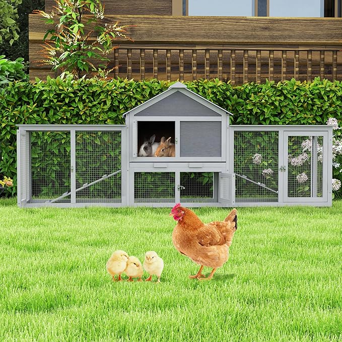82.5” Large Wooden Rabbit Hutch Outdoor Easy to Assemble Rabbit Cage and Durable Bunny Hutch Indoor with Cleaning Tray & Waterproof Roof for Small and Medium Bunny Rabbit Chick (Grey)-PawvioPets