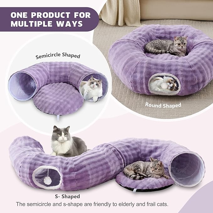 Bubble Cat Tunnel for Indoor Cats, Round Peekaboo Cave Toy with Dangling Balls, Donut Tunnel Bed with Circle Mat for Puppy Kitten Rabbit, Dusty Purple-PawvioPets