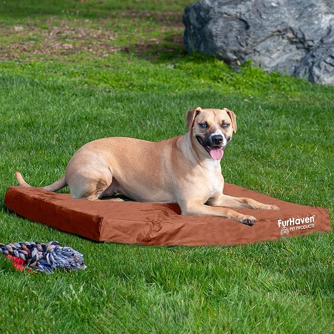 Furhaven Water-Resistant Cooling Gel Dog Bed for Large/Medium Dogs w/ Removable Washable Cover, For Dogs Up to 55 lbs - Indoor/Outdoor Logo Print Oxford Polycanvas Mattress - Chestnut, Large-PawvioPets