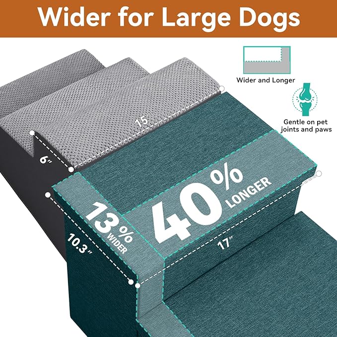 Dog Stairs with Storage 18" H, 3-Step Wider Dog Steps for Small/Medium/Large Old Dogs Cats, Folding Sturdy Pet Stairs for Climbing Bed Couch, Ramp for Car Hold Up to 200 lbs, Dark Green-PawvioPets