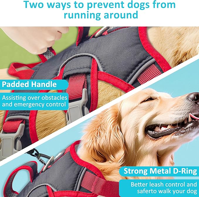 Escape Proof Dog Harness, No Pull Reflective Adjustable Vest with Easy Control Lift Handle, No Choke Soft Padded Breathable Full Body Pet Harness for Walking Hiking and Training (Red, Small)-PawvioPets