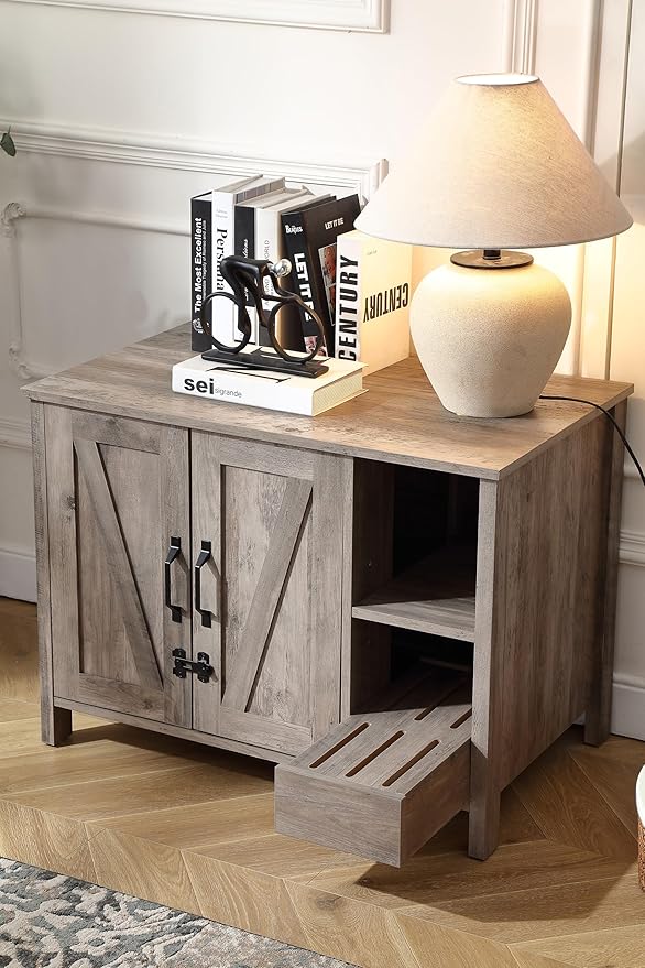 31.9'' Small Cat Litter Enclosure,Adjustable Shelf for Dog Proof and Storage,Locks Added for cat,Cat Litter Collector,Small Indoor Cat House,Grey-PawvioPets