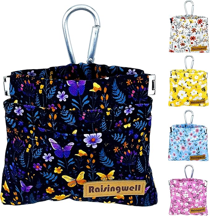Dog Treat Pouch, Pocket Sized Pet Training Pouch, Cotton Fabric, Hand Free Purple Flower Dog Walking Bag with Carabiner, Self-Closing Pet Feed Snack Reward, for Puppy Travel or Outdoor Use-PawvioPets
