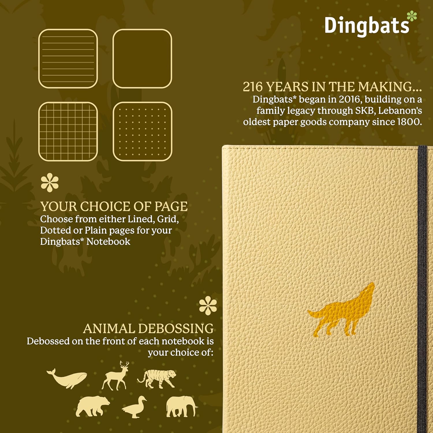 Dingbats* Wildlife Plain Writing Journal Notebook A5 - Vegan Leather Hardcover - Ideal for Work, Travel - Pocket, Elastic Closure, & Bookmark