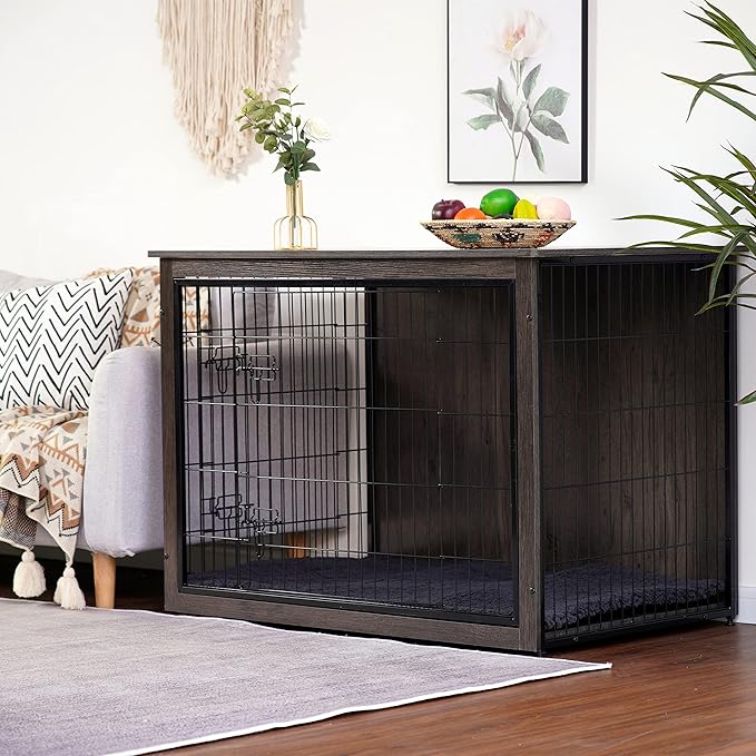 DWANTON Dog Crate Furniture with Cushion, Wooden Kennel Table with Double Doors, Indoor Dog House, Extra Large Size, 43.3" L, Dark Gray-PawvioPets