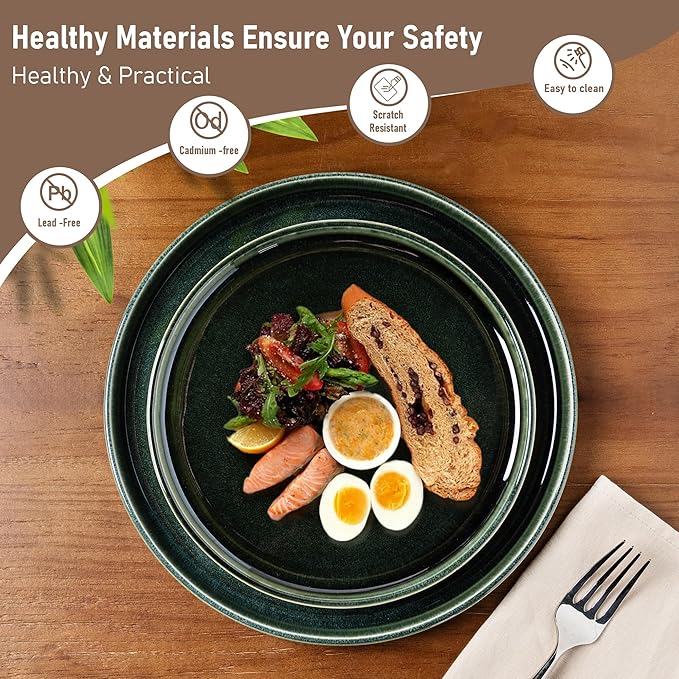 GBHOME Ceramic Dinnerware Sets for 6, 18 Pieces Stoneware Plates and Bowls Sets, Reactive Glaze Dishes -Scratch Resistant, Dishwasher&Microwave Safe, Earth Green-PawvioPets