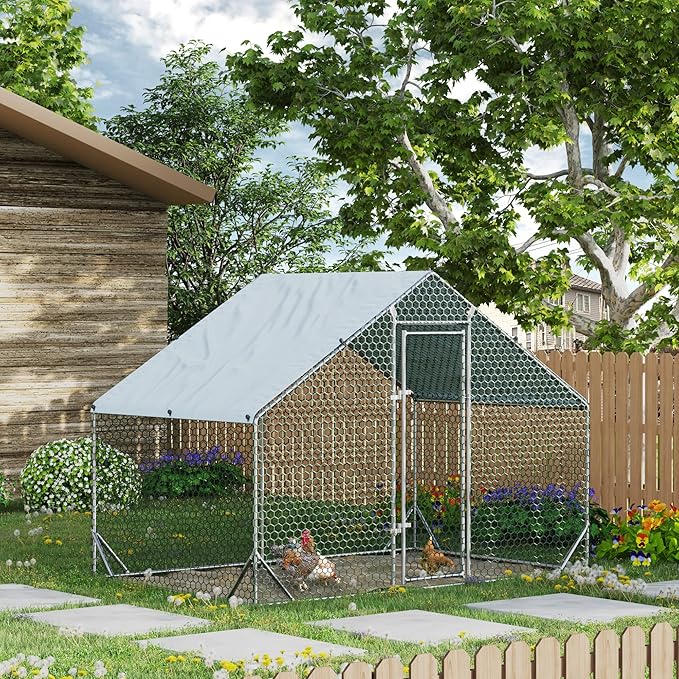 4ever2buy Large Metal Chicken Coop with Run Walk-in Poultry Cage Chicken Runs House Pen Cage Spire Roofed Chicken Coops with Anti-Ultraviolet Cover for Outdoor Backyard Farm Use 9.8’L x 6.6’W x 6.4’H-PawvioPets