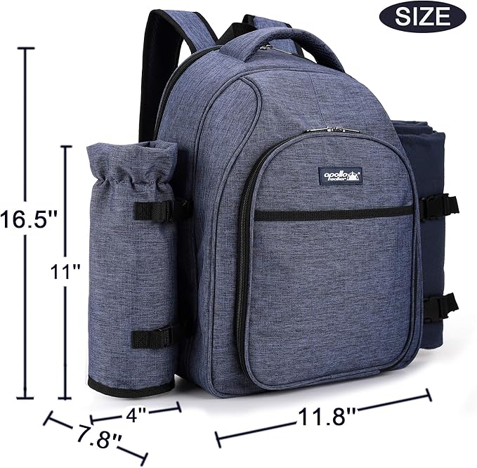 Apollo Walker Picnic Backpack Bag for 2 Person with Cooler Compartment, Detachable Bottle/Wine Holder, Fleece Blanket, Plates and Cutlery Set (2 Person, Navy)-PawvioPets