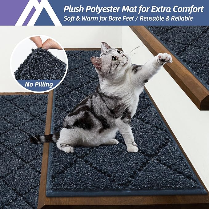 COSY HOMEER Edging Stair Treads Non-Slip Carpet Mat 28inX9in Indoor Stair Runners for Wooden Steps, Edging Stair Rugs for Kids and Dogs, 100% Polyester TPE Backing (10pc, Navy)-PawvioPets