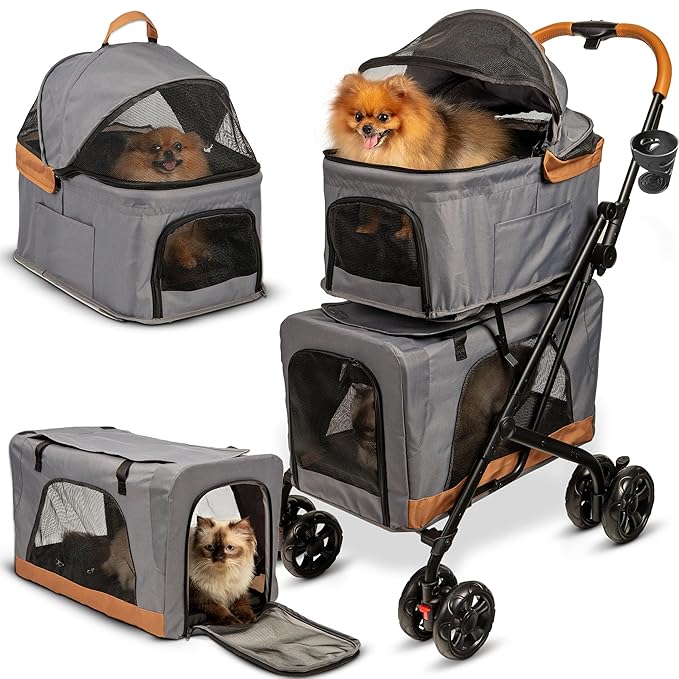 Double Pet Stroller with Detachable Carriers - Ideal for 2 Dogs or Cats - Compact & Convenient Design - Easy Assembly Double Dog Stroller - Graphite Gray-PawvioPets
