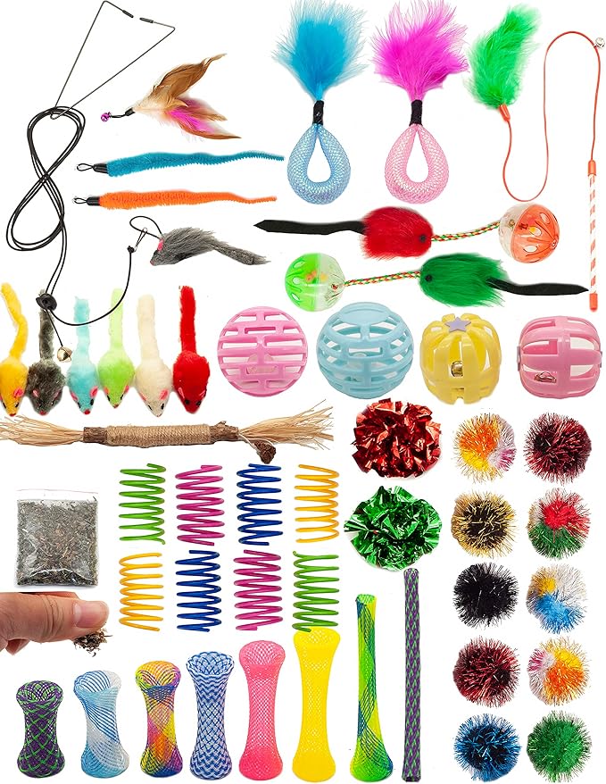 Fashion's Talk Cat Toys 50 Pcs for Indoor Cats,Interactive Door Hanging Mice Feather Toy Cat Spring Toy Cat Wand Catnip Crinkle Balls Silvervine Sticks Balls Kitten Toys Bulk-PawvioPets