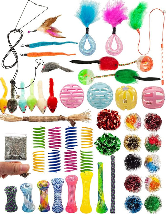 Fashion's Talk Cat Toys 50 Pcs for Indoor Cats,Interactive Door Hanging Mice Feather Toy Cat Spring Toy Cat Wand Catnip Crinkle Balls Silvervine Sticks Balls Kitten Toys Bulk-PawvioPets