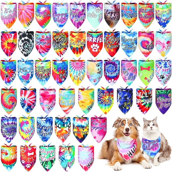 50 Pcs Tie Dye Dog Bandanas Bulk Pet Bibs Colorful Triangle Scarf Tie Dye with Sayings Pet Bandanas for Medium Large Dogs Spring Summer Birthday Costume Decor-PawvioPets