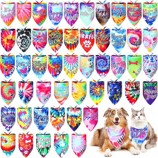 50 Pcs Tie Dye Dog Bandanas Bulk Pet Bibs Colorful Triangle Scarf Tie Dye with Sayings Pet Bandanas for Medium Large Dogs Spring Summer Birthday Costume Decor-PawvioPets