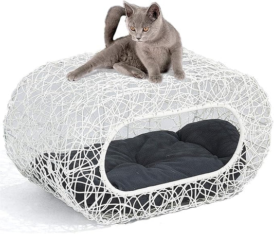 D+GARDEN Fun Stackable White Cat Condo for Indoor Cats - Interactive Play Rattan Modern Cat House for Indoor Cats Kitty, Pet Friendly Top/Side House Entry, Cat Bed Enclosed-PawvioPets
