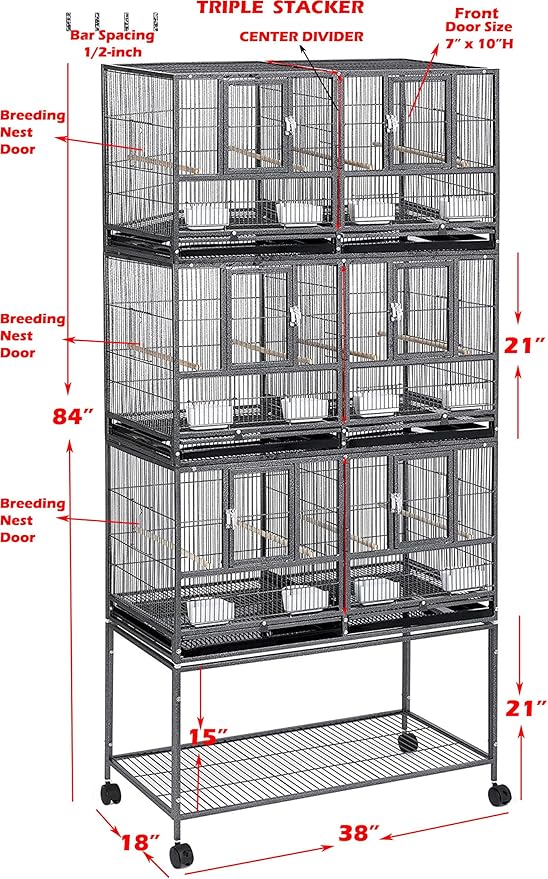 Combo Breeding Stacker Center Divided Breeder Bird Flight Double Rolling Cage with Side Breeding Nest Door (Black Vein, Triple Stack)-PawvioPets
