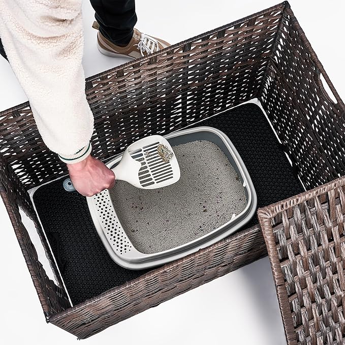 Cat Litter Box Enclosure with Litter Trapping Mat; Handwoven Plastic Rattan Kitten House; No Installation Hidden Cat Washroom; Pet Crate for Balcony,Bedroom,Living Room-PawvioPets