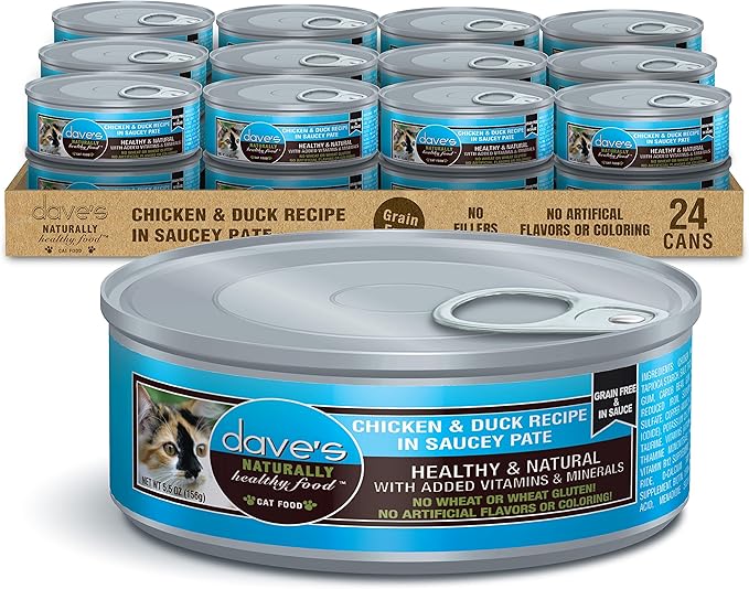 Dave's Pet Food Grain Free Wet Cat Food (Chicken & Duck Saucey Pate), Naturally Healthy Canned, Added Vitamins & Minerals, Wheat Free, 5.5 oz (24 Pack)-PawvioPets