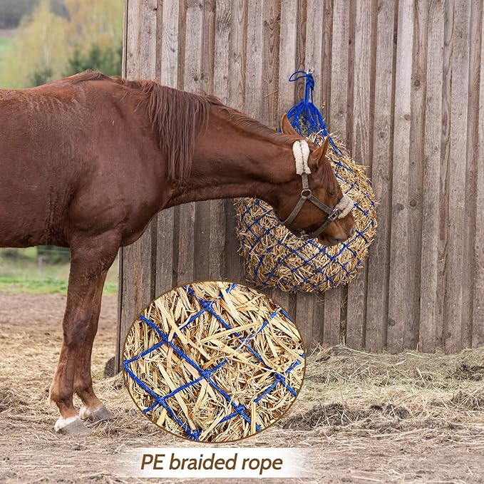 Fabbay 4 Pcs Slow Feed Hay Net Feeder Hay Bag for Horses Slow Feeder 40 Inch Length with 2 Inch Holes Hanging Horse Feed Net for Goat Cattle Equine Stalls Barn Supplies(Blue)-PawvioPets
